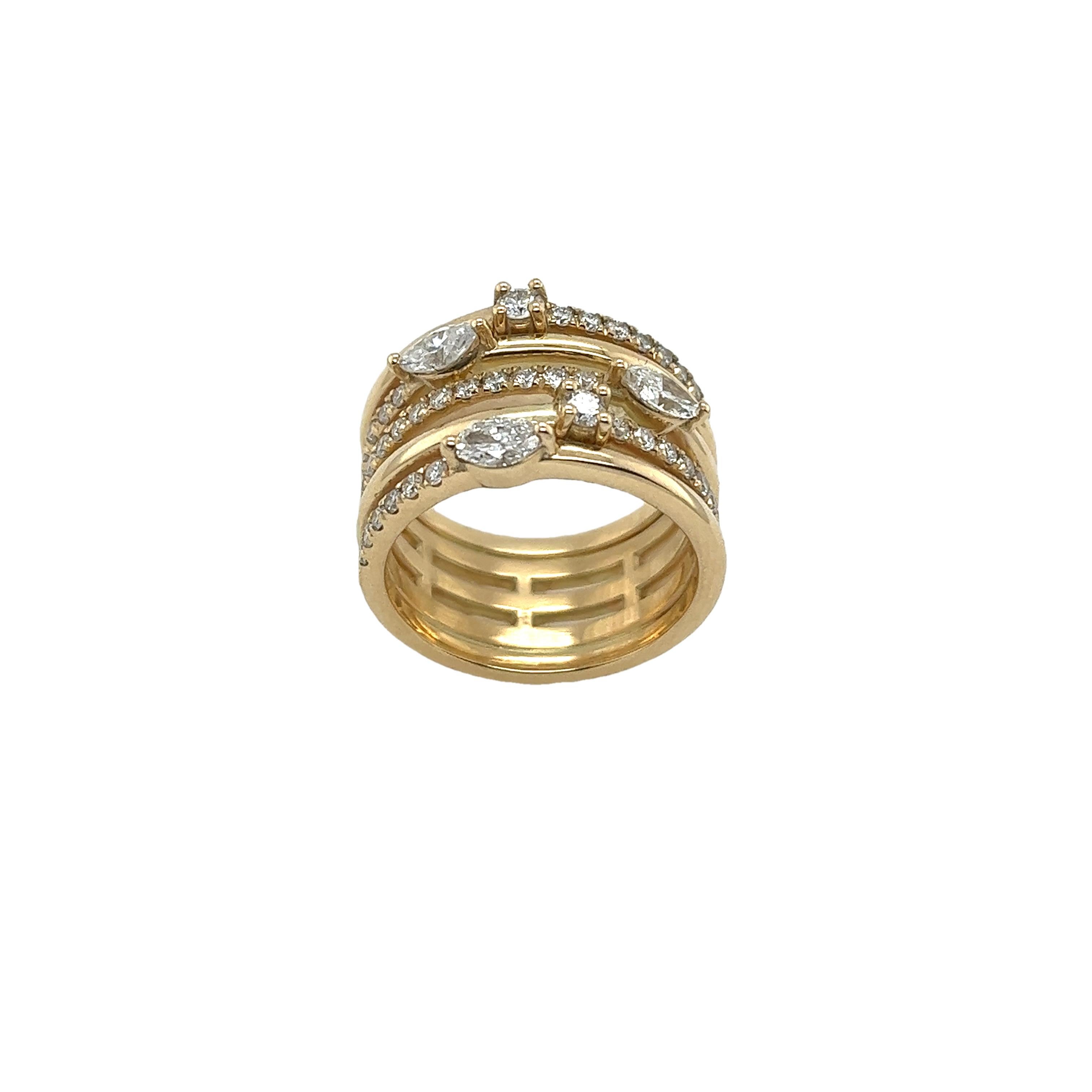 New Fine Quality 5 Row 14ct Yellow Gold Dress Ring, with 1.15ct Diamonds For Sale 4