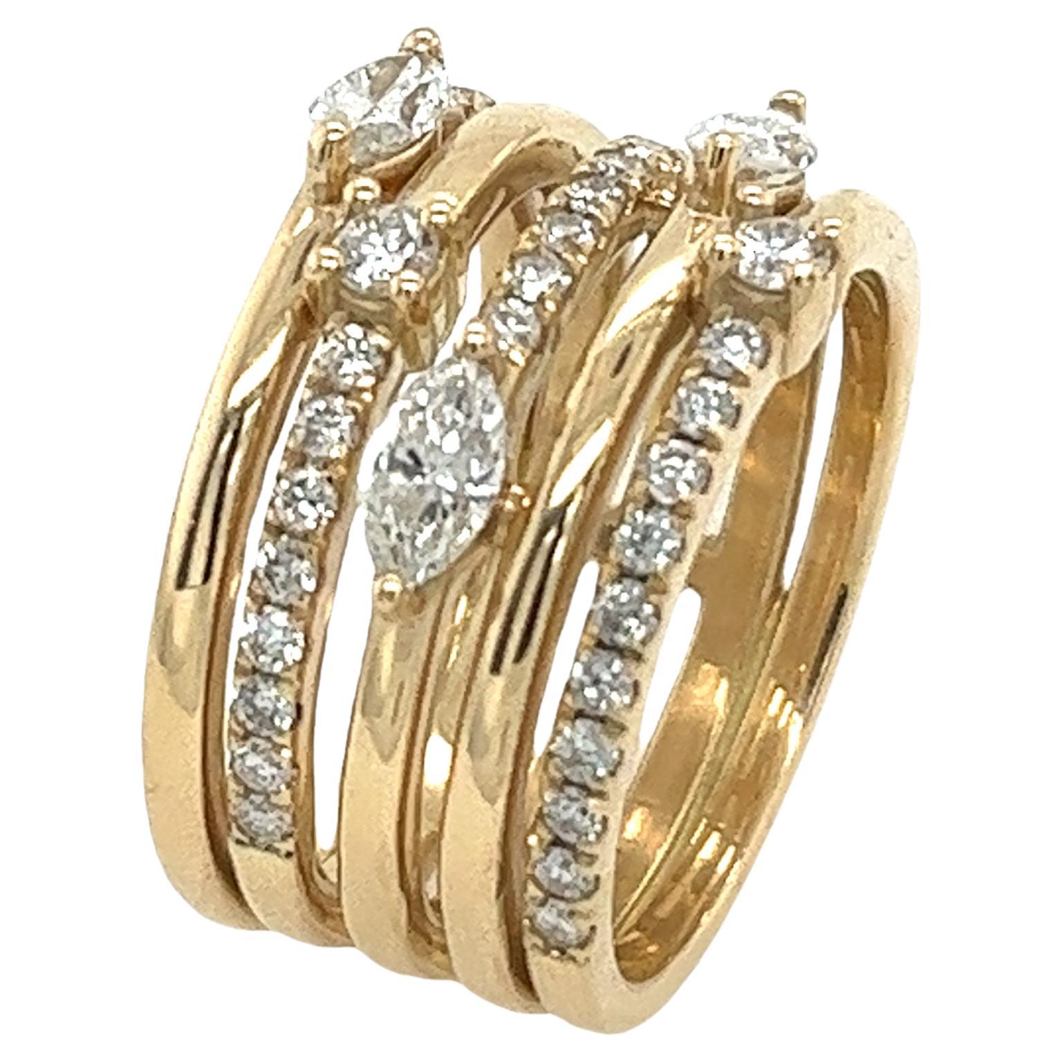 New Fine Quality 5 Row 14ct Yellow Gold Dress Ring, with 1.15ct Diamonds For Sale