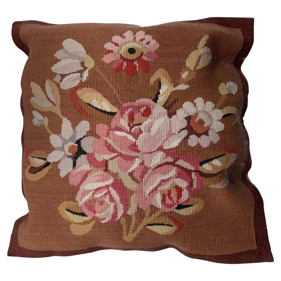 French Provincial Floral Needlepoint Square Pillow  For Sale