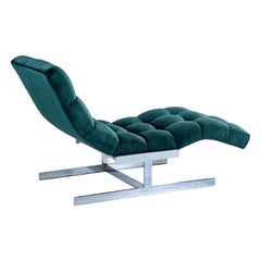 New Forest Green Velvet Milo Baughman Style Wave Chaise Lounge by Carsons