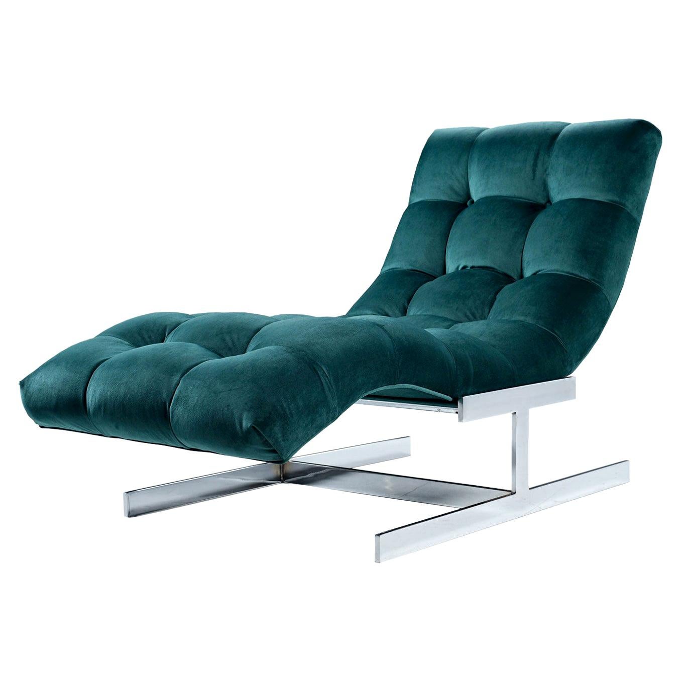 New Forest Green Velvet Milo Baughman Style Wave Chaise Lounge by Carsons