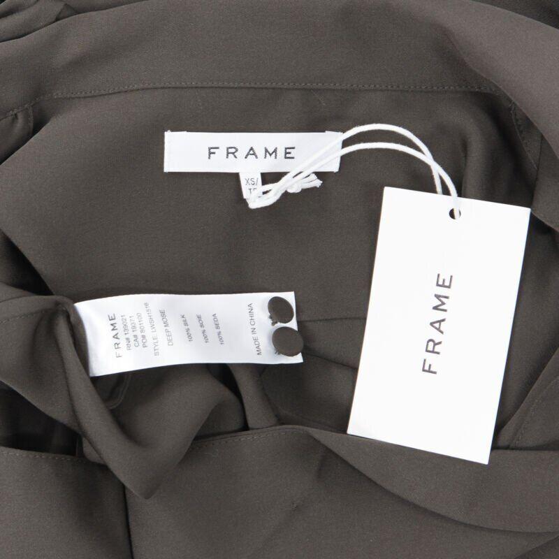 new FRAME Dark Moss green 100% silk spread collar popover shirt blouse XS For Sale 4