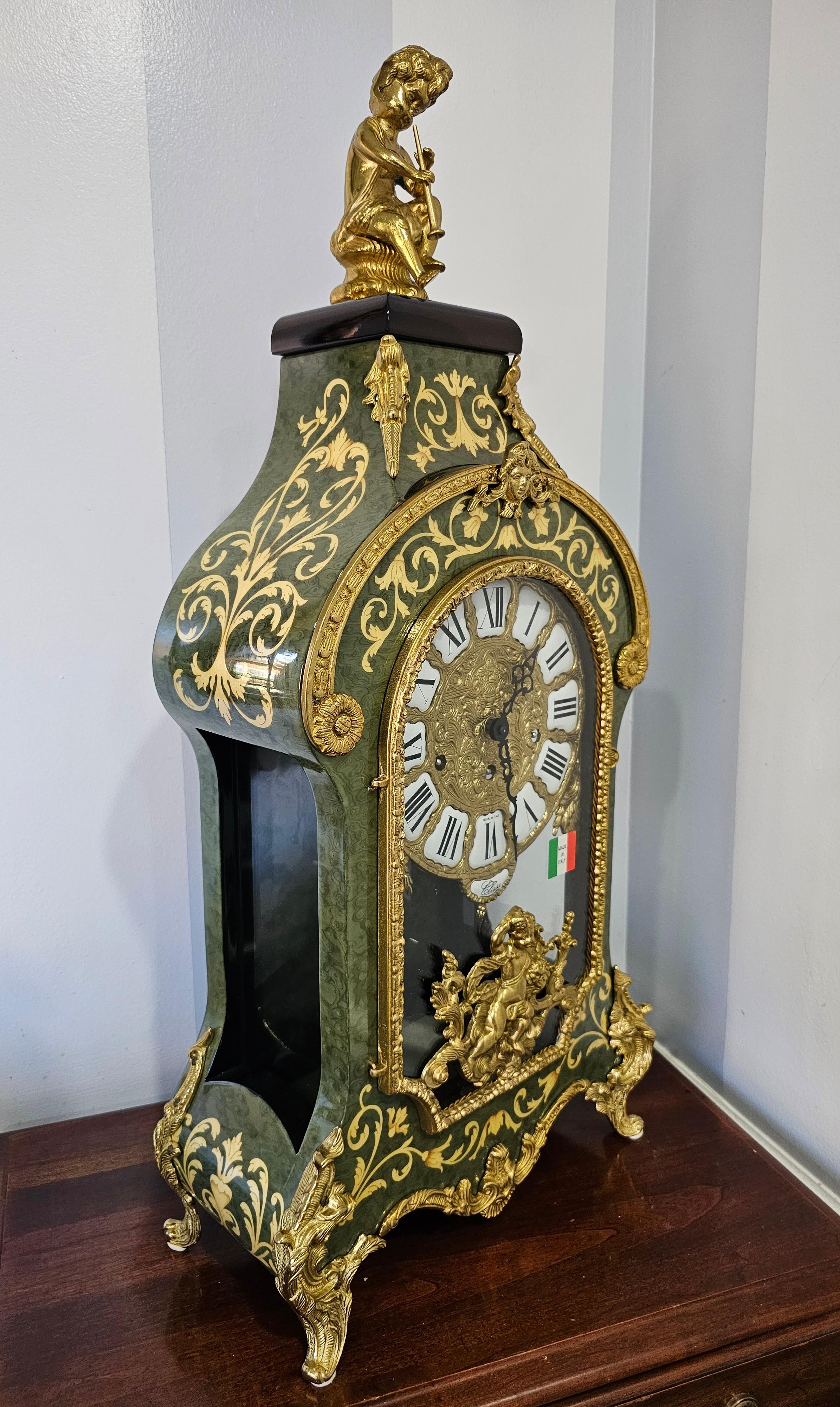New Franz Hermle Mantel Clock in DeArt Italian Fine Marquetry and Ormolu Case In Excellent Condition For Sale In Germantown, MD