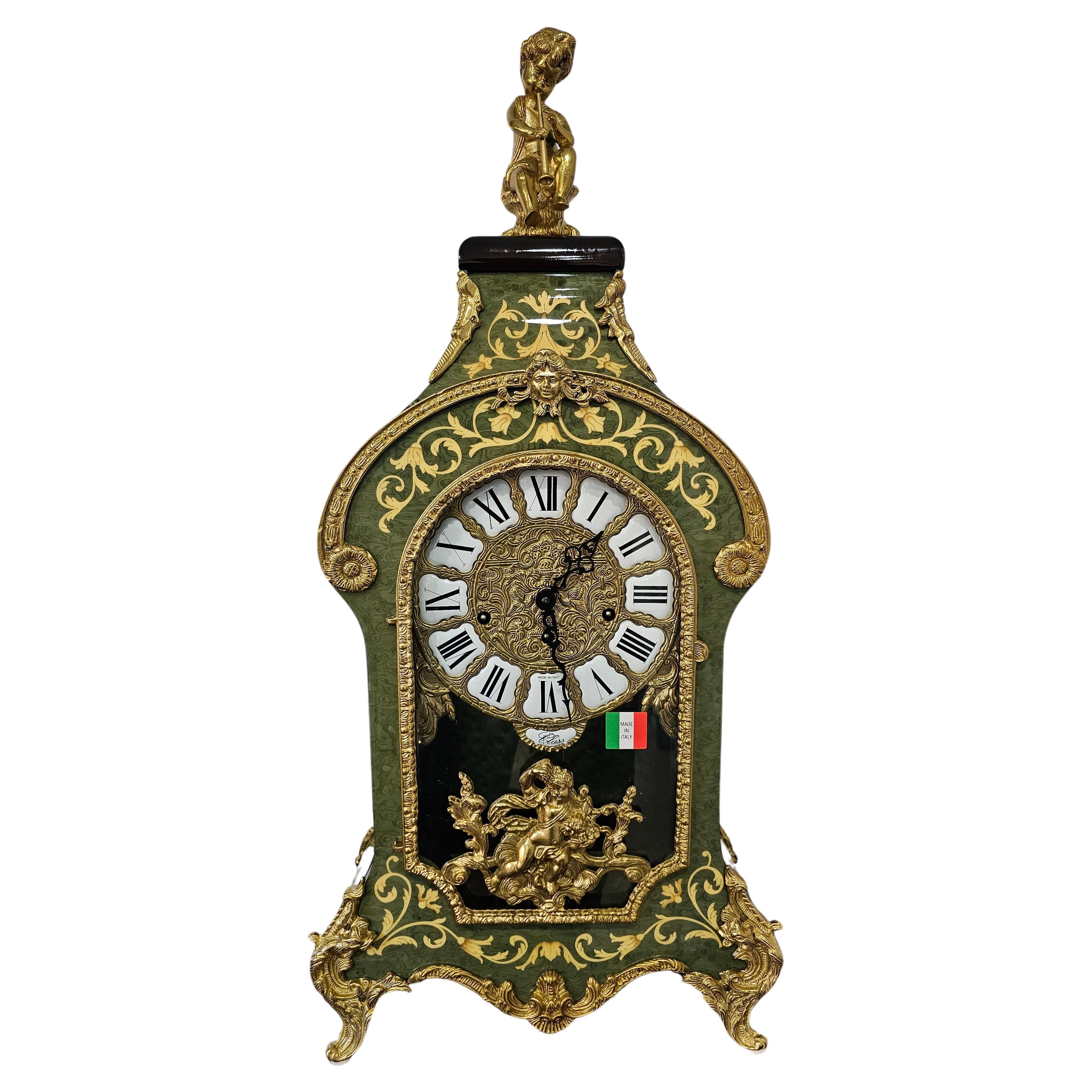 Nouvelle horloge de cheminée Franz Hermle en marqueterie fine italienne et étui en bronze doré