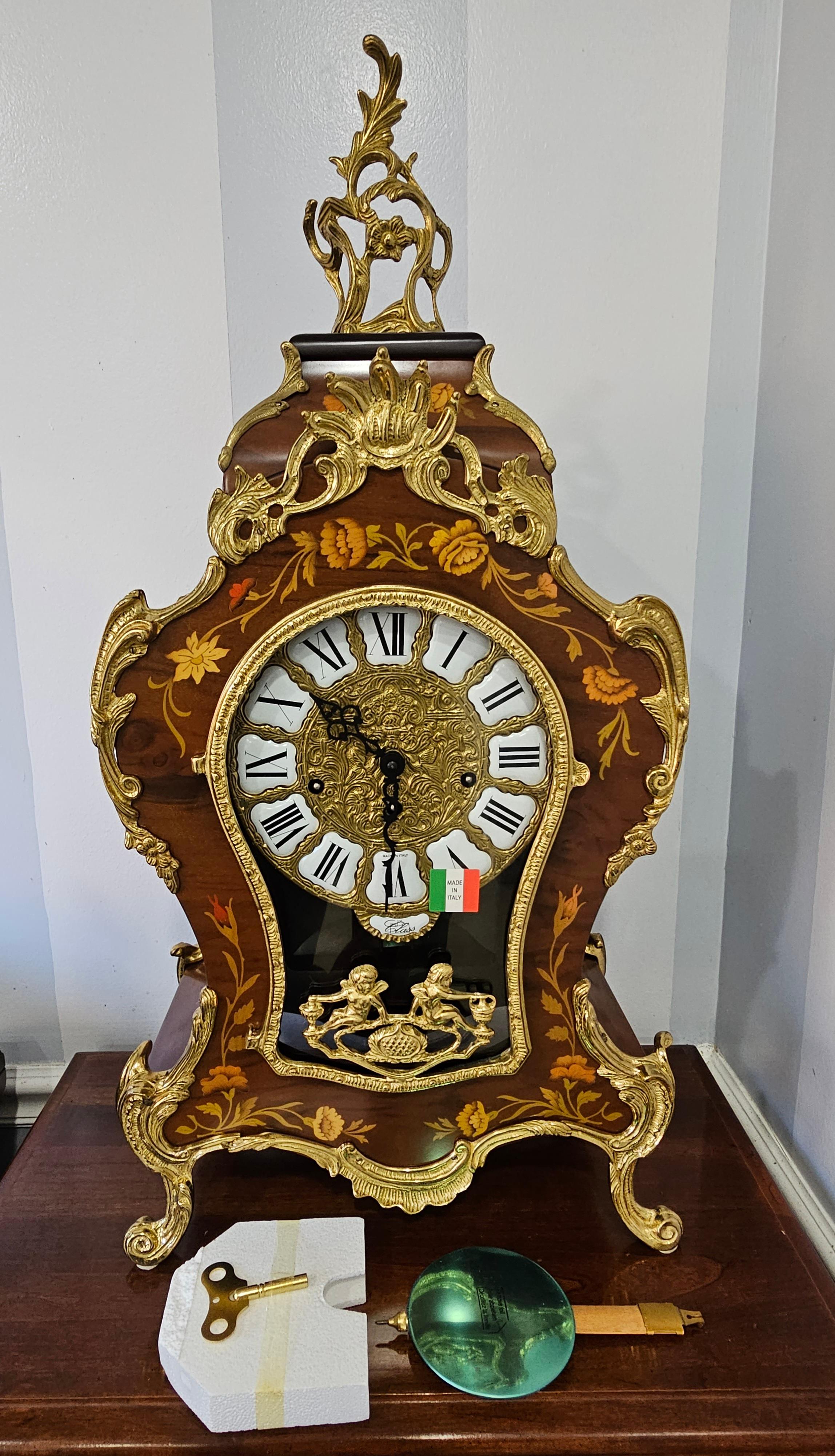 New Franz Hermle Mantel Clock in DeArt Italian Fine Marquetry and Ormolu Case, N For Sale 3