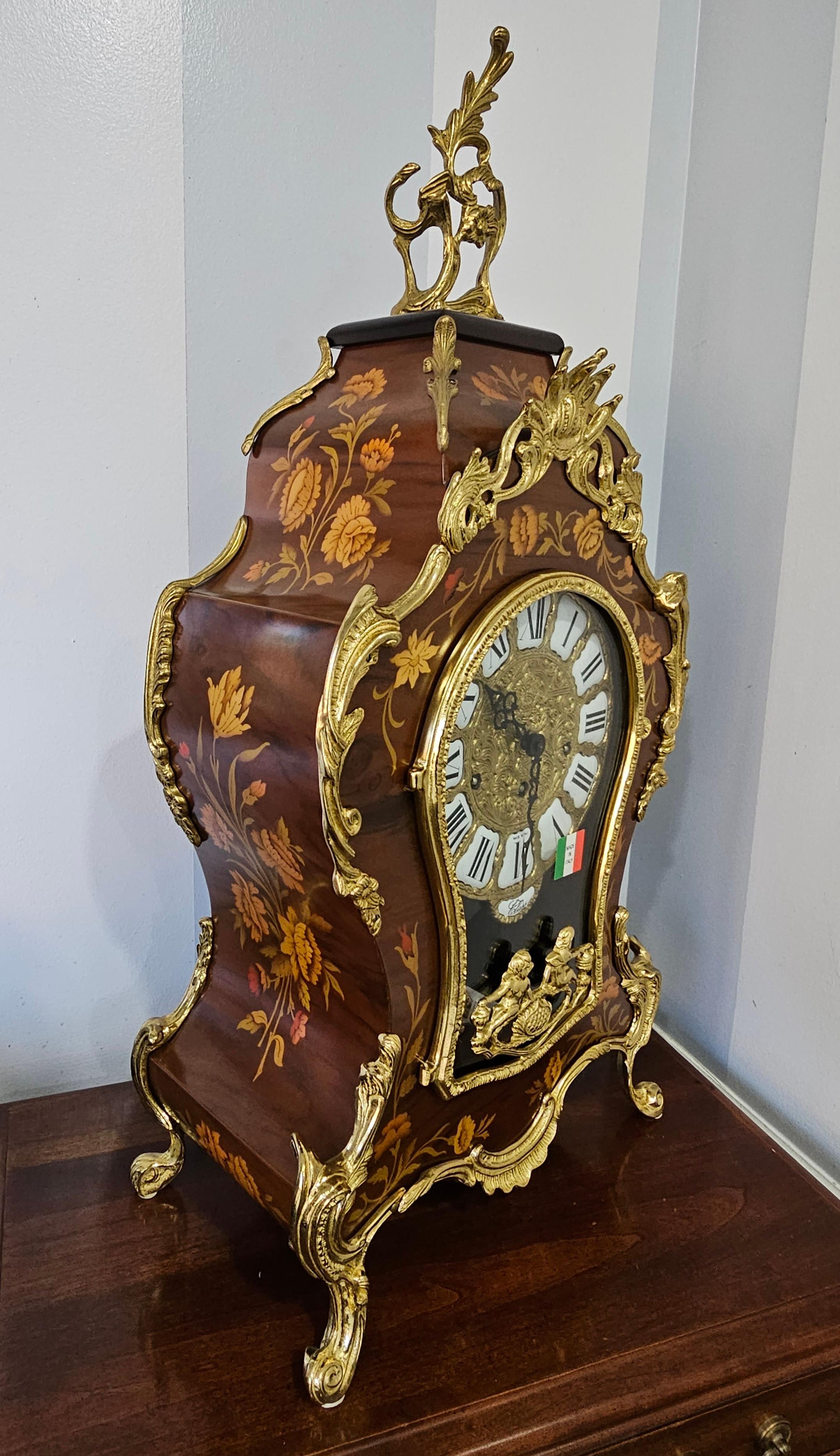 New Franz Hermle Mantel Clock in DeArt Italian Fine Marquetry and Ormolu Case, N In Excellent Condition For Sale In Germantown, MD