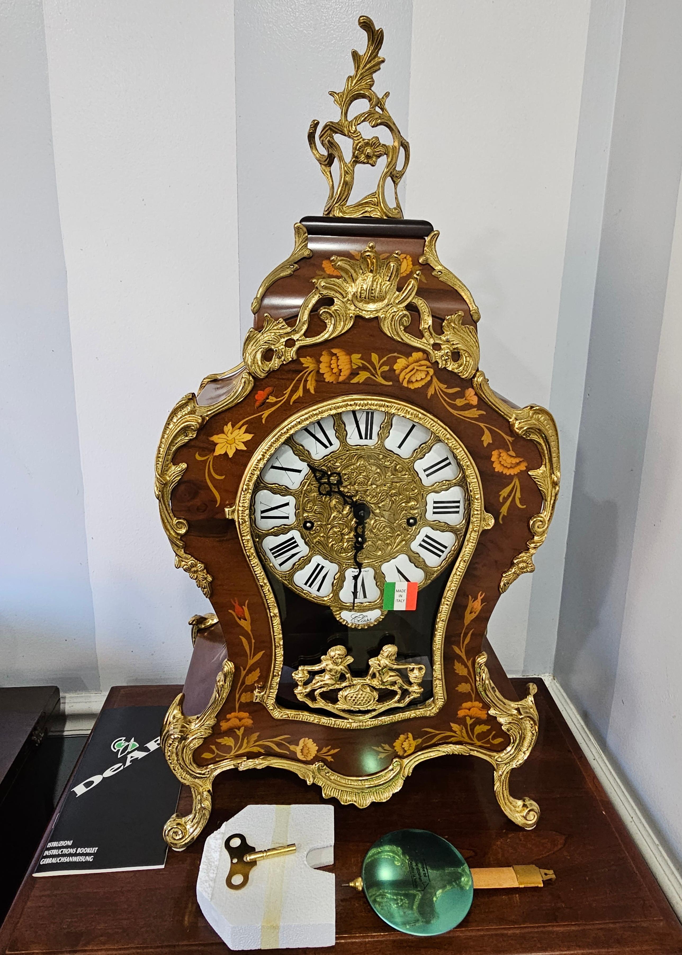 New Franz Hermle Mantel Clock in DeArt Italian Fine Marquetry and Ormolu Case, N For Sale 2