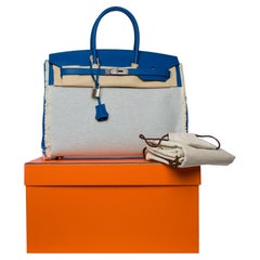 Neu Fray Fray Hermès Birkin 35 Handtasche in beige Leinwand/blauen Swift Leder, SHW