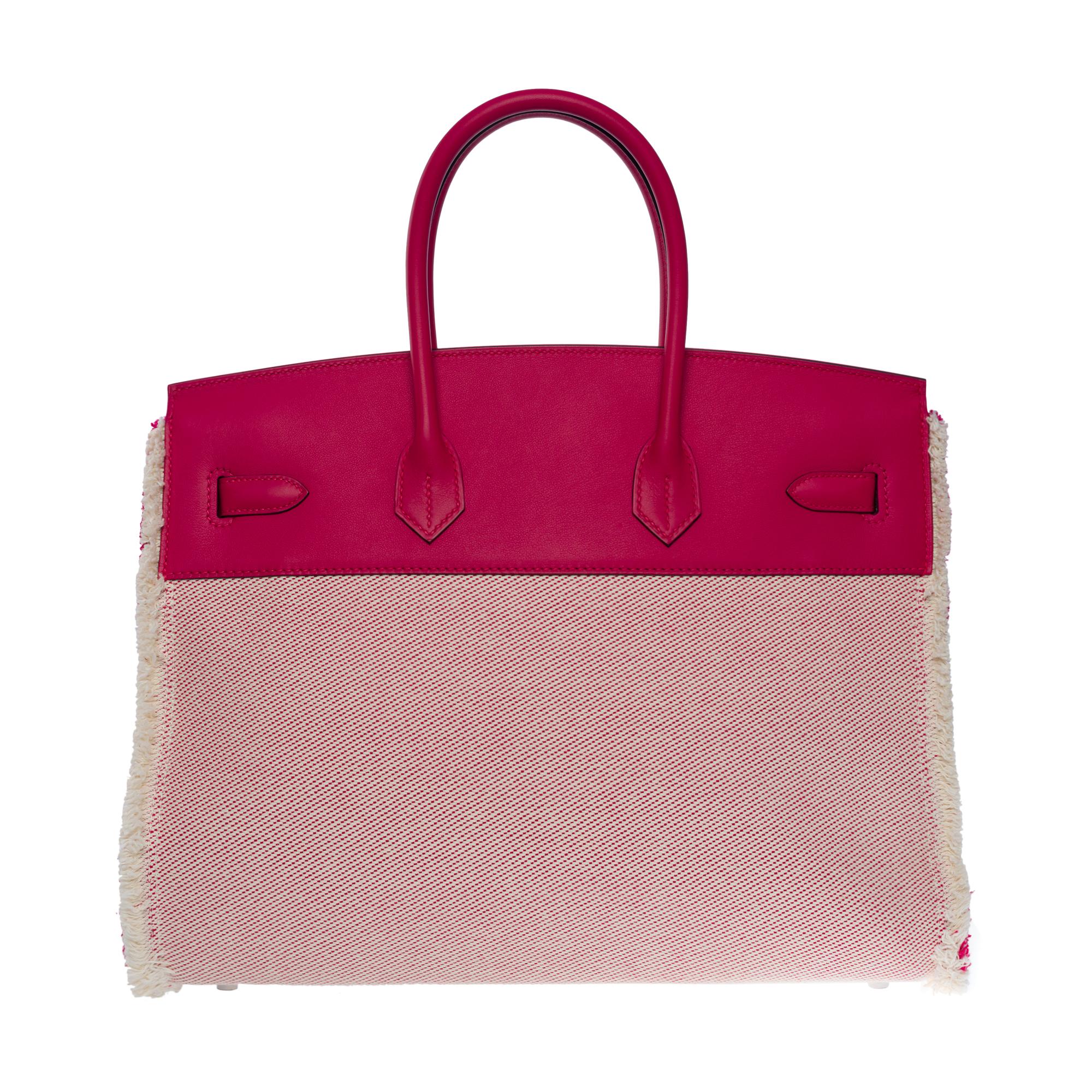 Neu Fray Fray Hermès Birkin 35 Handtasche in beige Leinwand / rosa Swift Leder, SHW (Rot) im Angebot