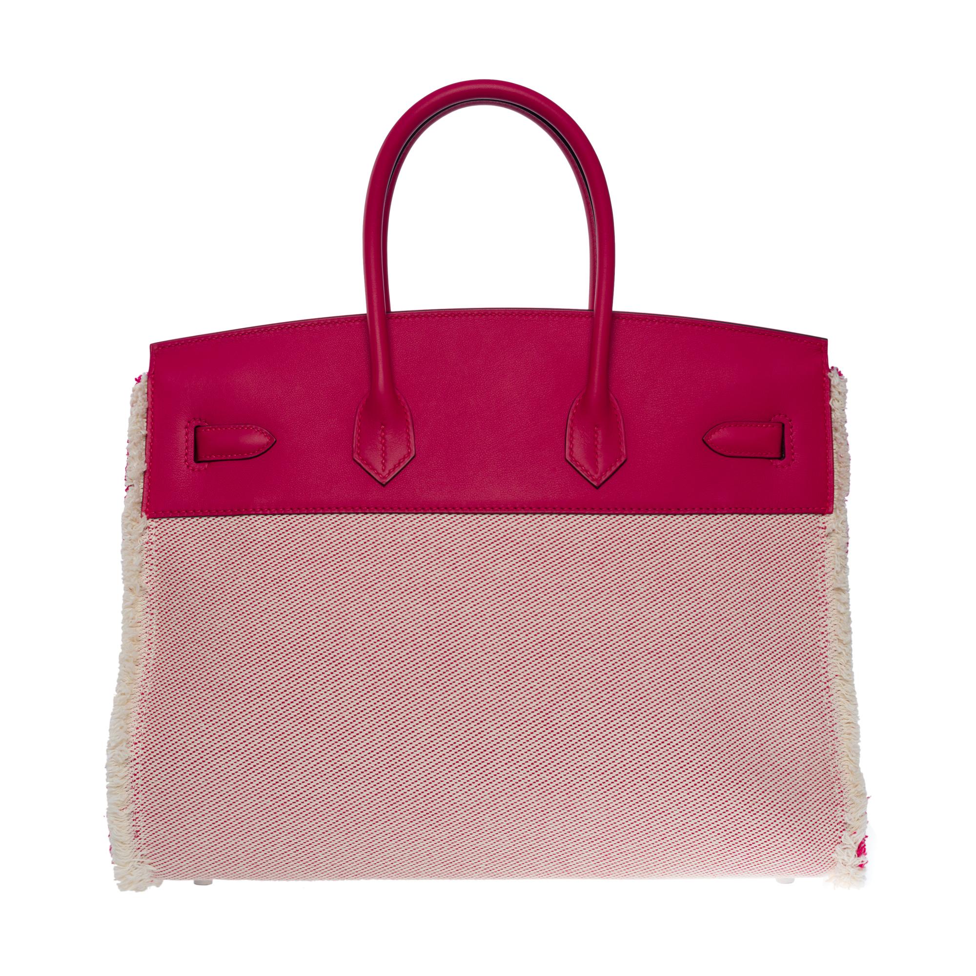 Rouge Nouveau Fray Fray Sac à main Hermès Birkin 35 en toile beige/cuir swift rose, SHW en vente