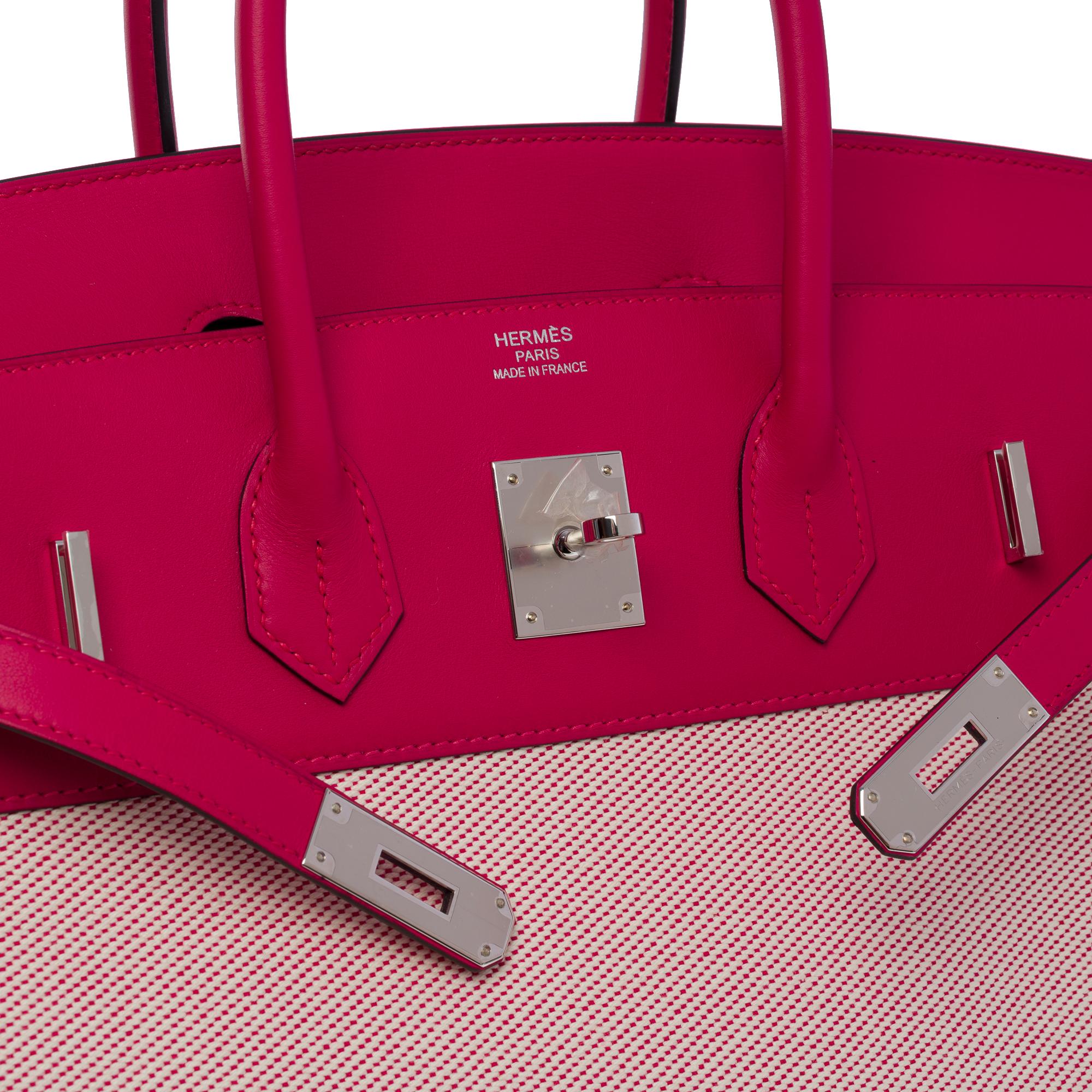 Nouveau Fray Fray Sac à main Hermès Birkin 35 en toile beige/cuir swift rose, SHW en vente 1