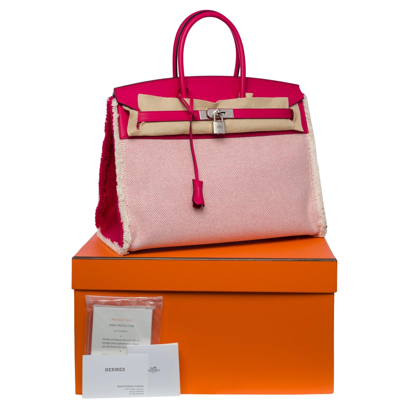 Neu Fray Fray Hermès Birkin 35 Handtasche in beige Leinwand / rosa Swift Leder, SHW im Angebot