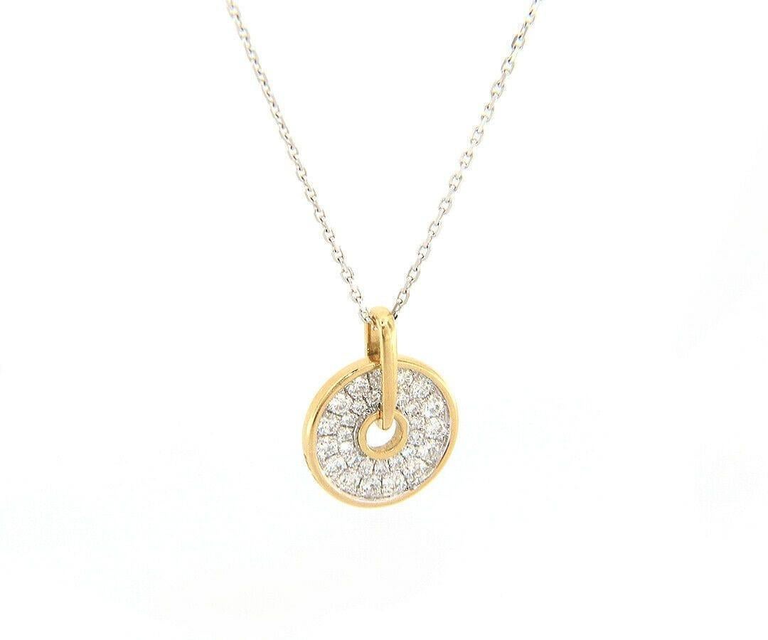 New Frederic Sage Pave Diamond Two Tone Spin Disc Pendant Necklace in 14K

Frederic Sage Pave Diamond Two Tone Spin Disc Pendant Necklace
14K White Gold
14K Yellow Gold
Diamonds Carat Weight: Approx. 0.45ctw
Pendant Diameter: Approx. 11.0