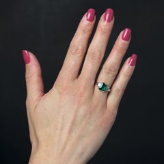 New French 2.01 Carats Emerald Zambia Minor Diamonds 18 Karat White Gold Ring