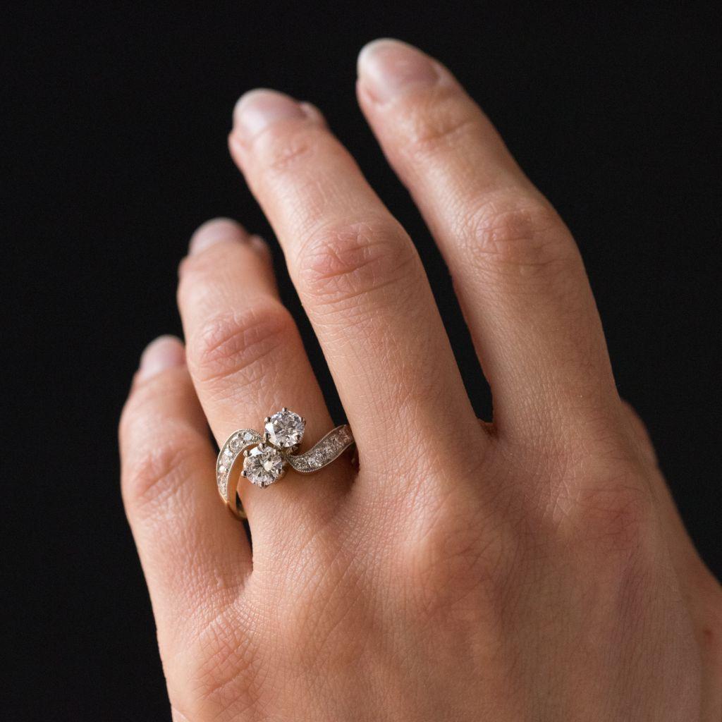 Women's French Diamond Platinum Gold Toi et Moi Engagement Ring