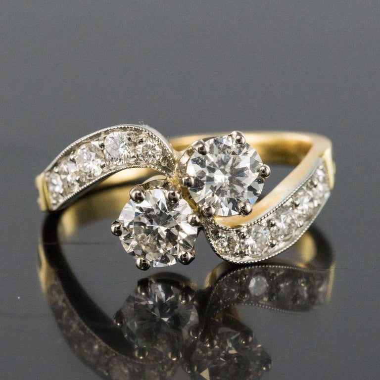 New French Diamond Platinum Gold Toi et Moi Engagement Ring For Sale at ...