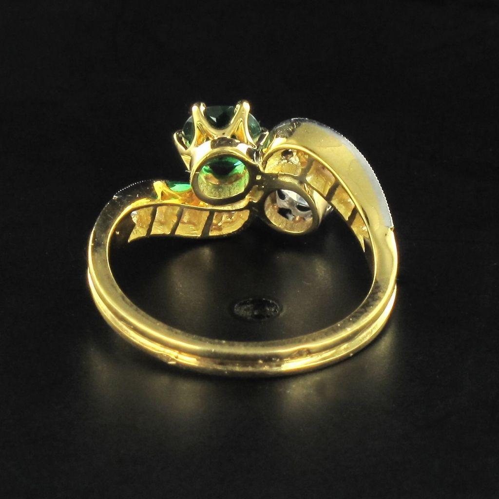 French Emerald Diamond Gold Toi et Moi Engagement Ring 2