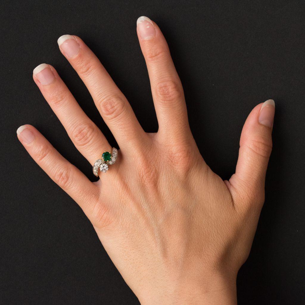 Romantic French Emerald Diamond Gold Toi et Moi Engagement Ring