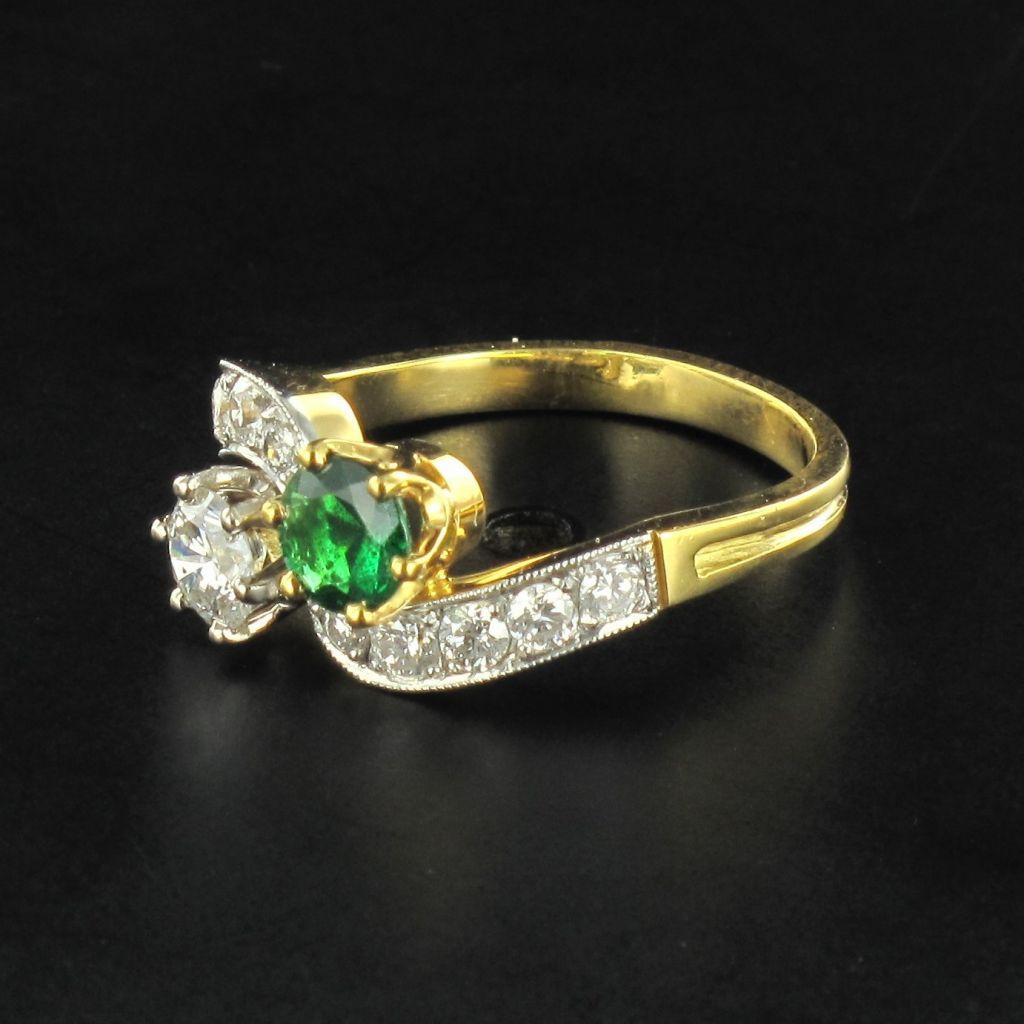 Women's French Emerald Diamond Gold Toi et Moi Engagement Ring