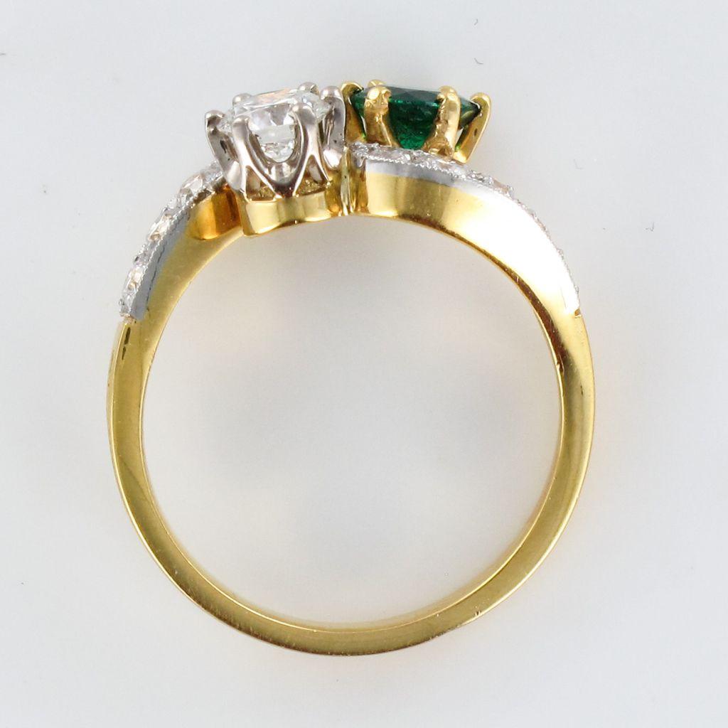 French Emerald Diamond Gold Toi et Moi Engagement Ring 1