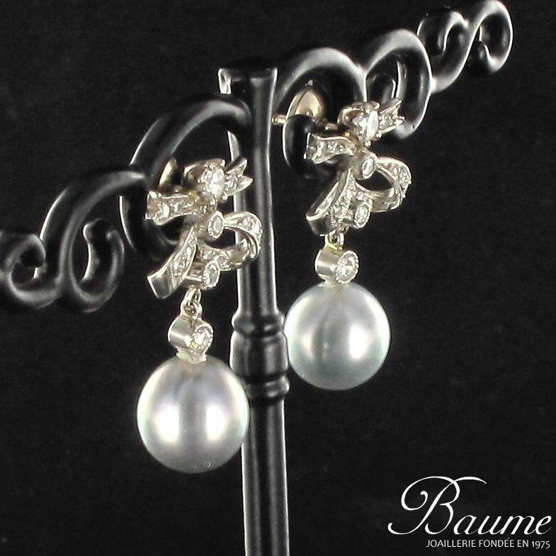 French Grey Pearl Diamond Earrings In New Condition In Poitiers, FR