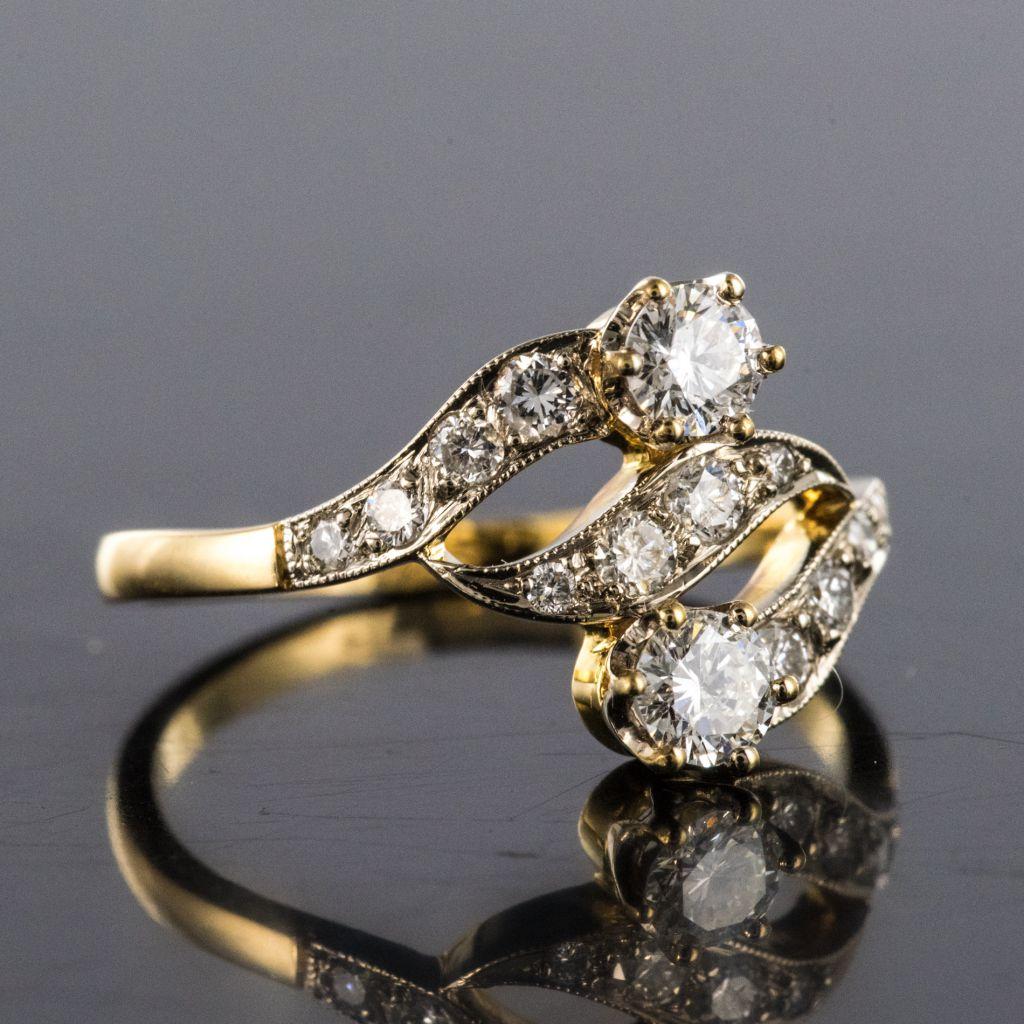 French Diamond Platinum 18 Karat Yellow Gold Openwork Design Ring In New Condition In Poitiers, FR