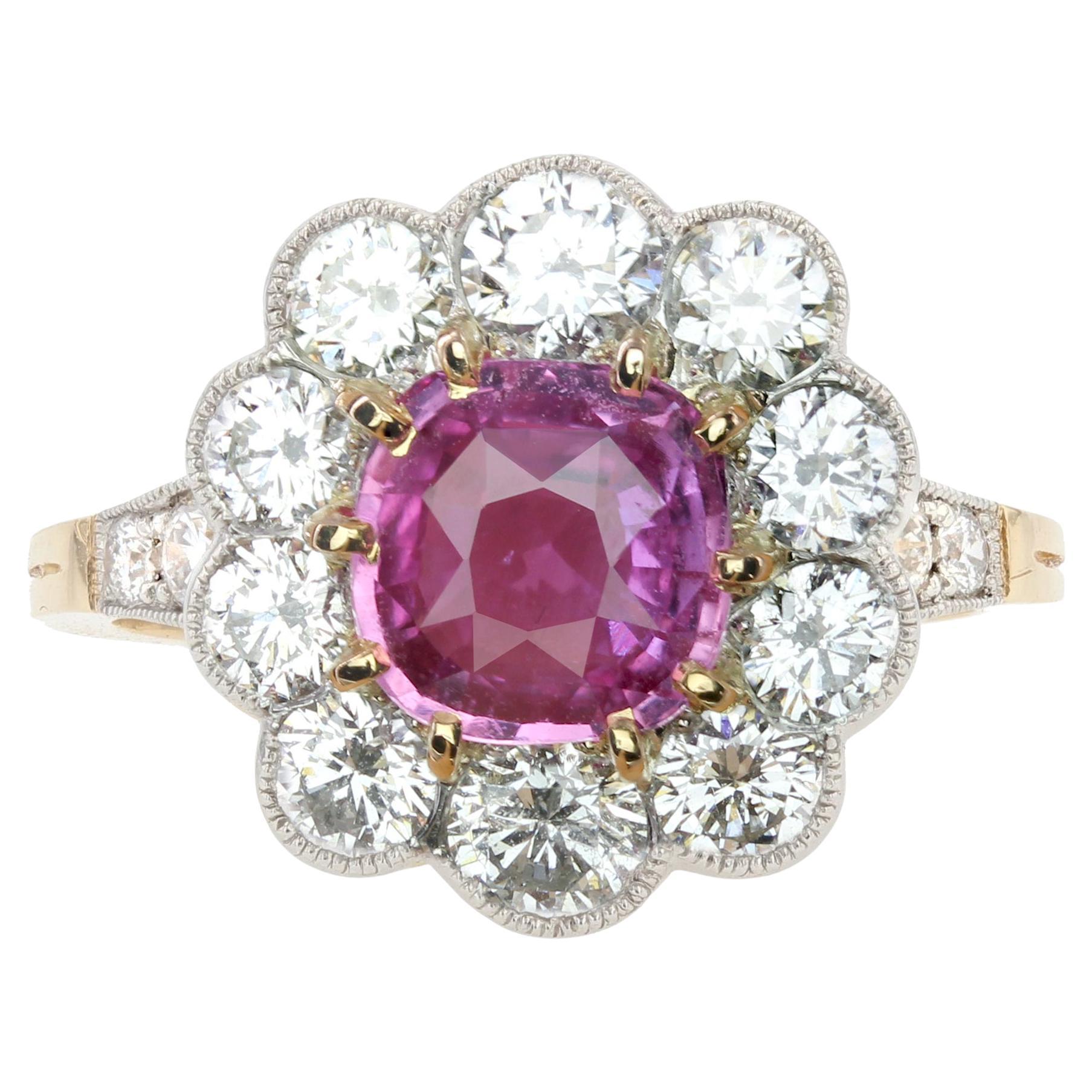 New French Pink Sapphire Diamond 18 Karat Yellow Gold Platinum Daisy Ring