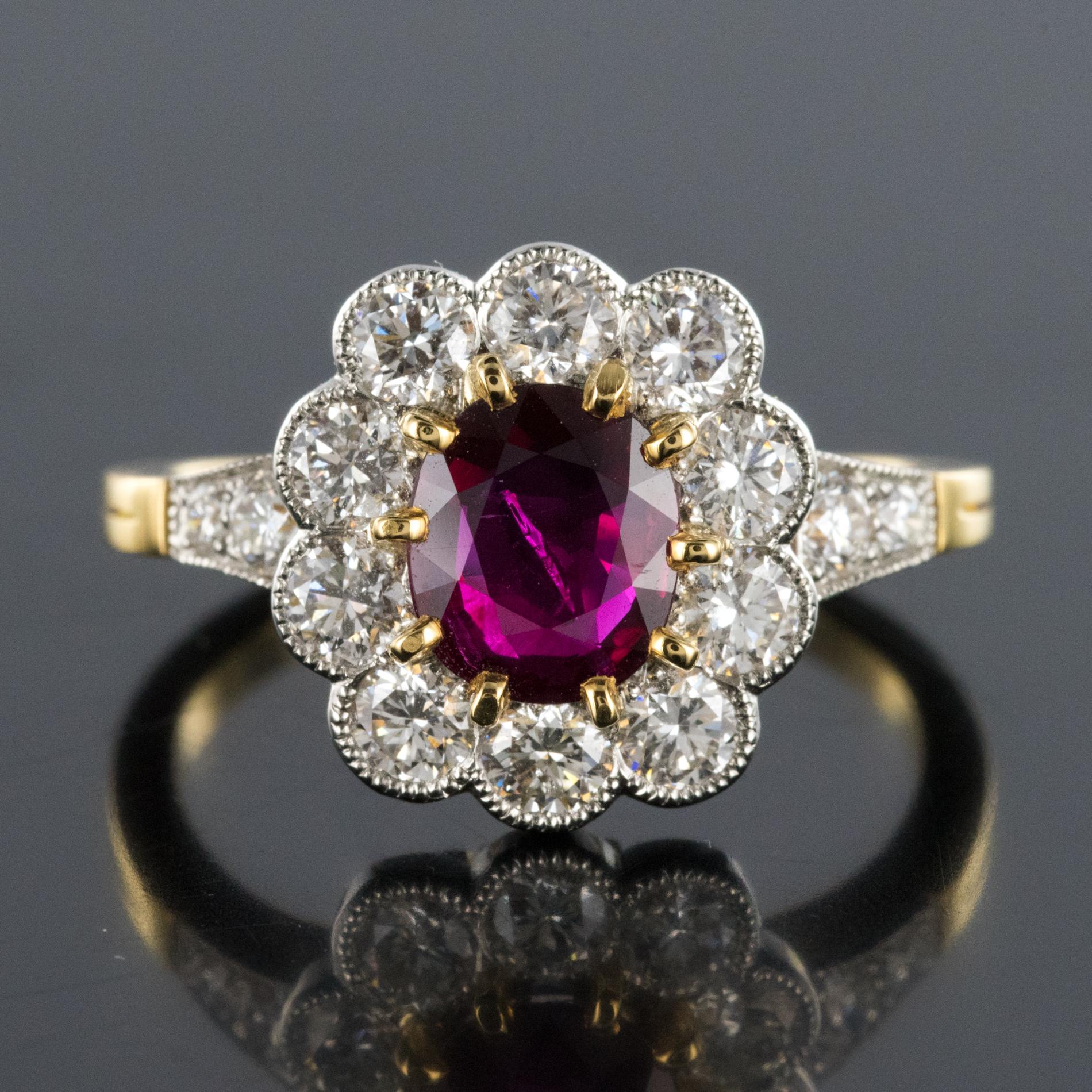 French Ruby Diamond 18 Karat Yellow Gold Platinum Daisy Ring 6