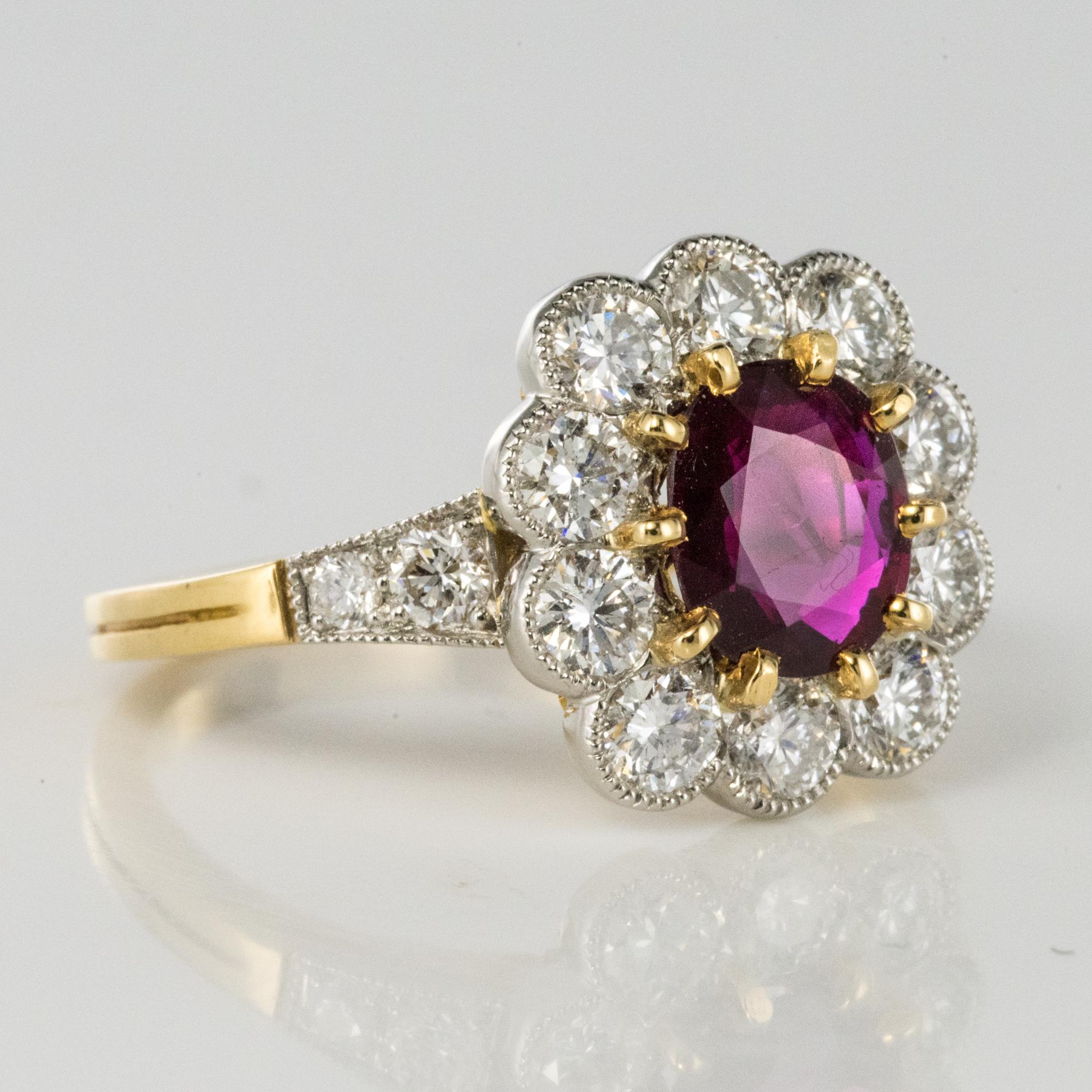 Women's French Ruby Diamond 18 Karat Yellow Gold Platinum Daisy Ring