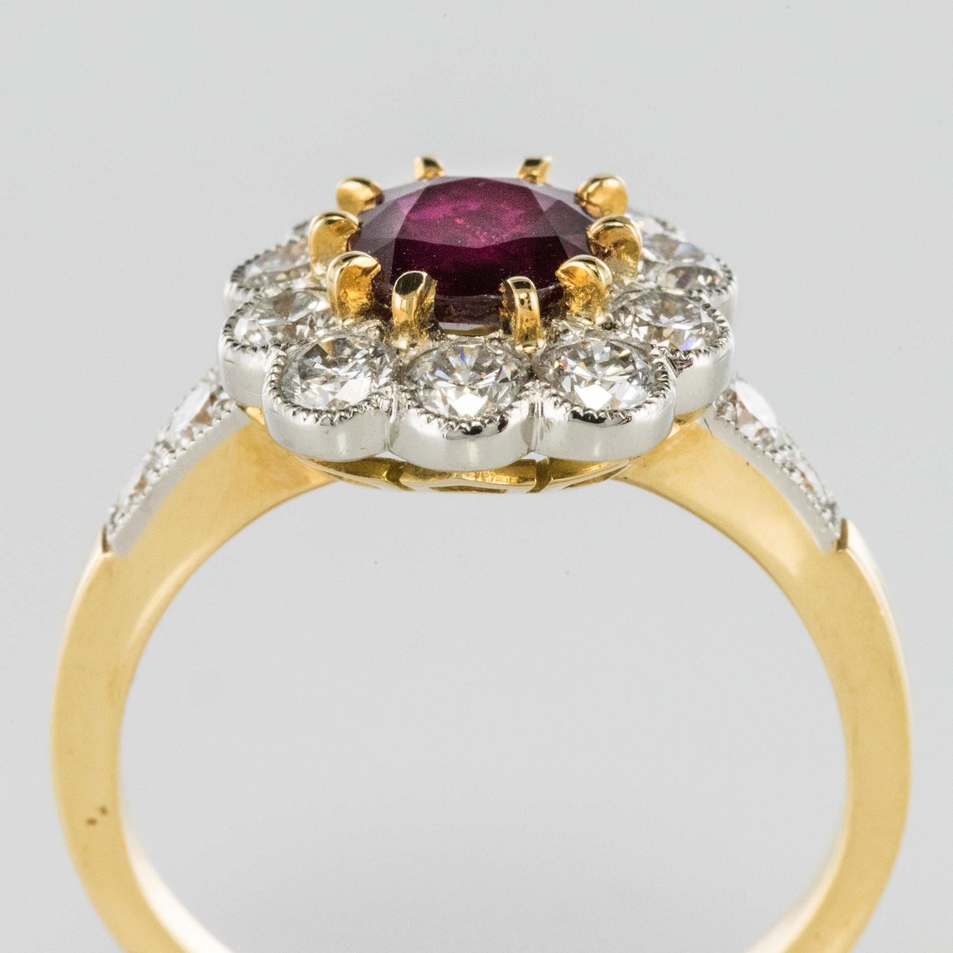 French Ruby Diamond 18 Karat Yellow Gold Platinum Daisy Ring 1