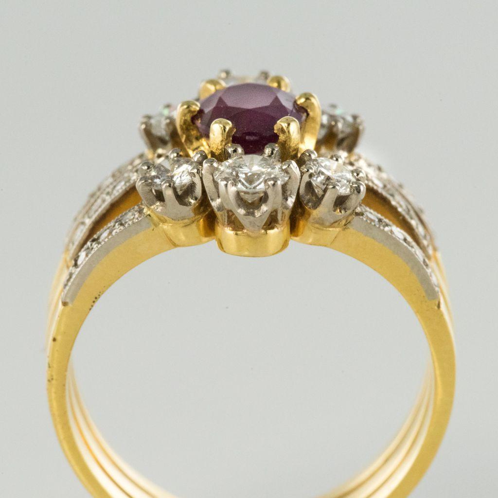 French Ruby Diamond Gold Three Band Ring 5