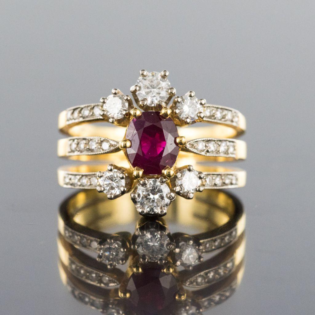 French Ruby Diamond Gold Three Band Ring 11