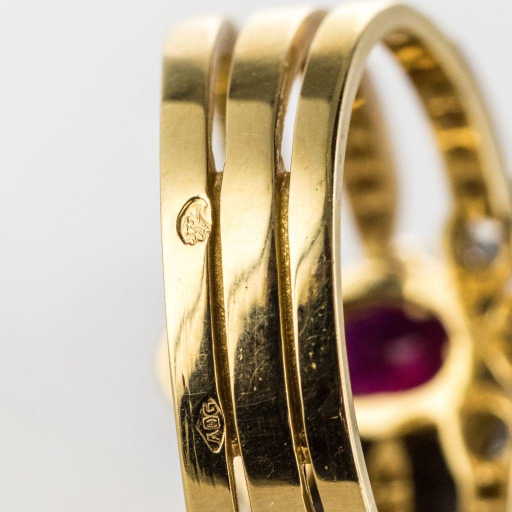 French Ruby Diamond Gold Three Band Ring 12