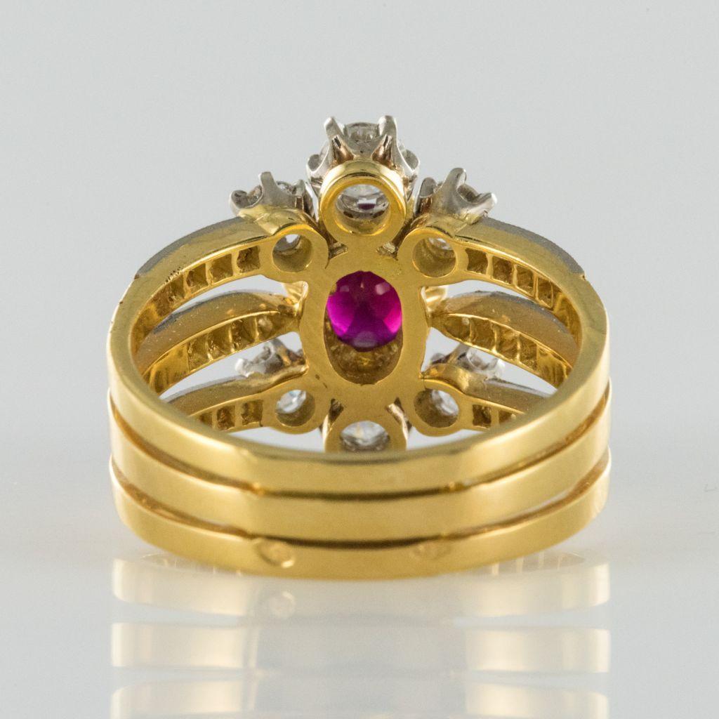 French Ruby Diamond Gold Three Band Ring In New Condition In Poitiers, FR