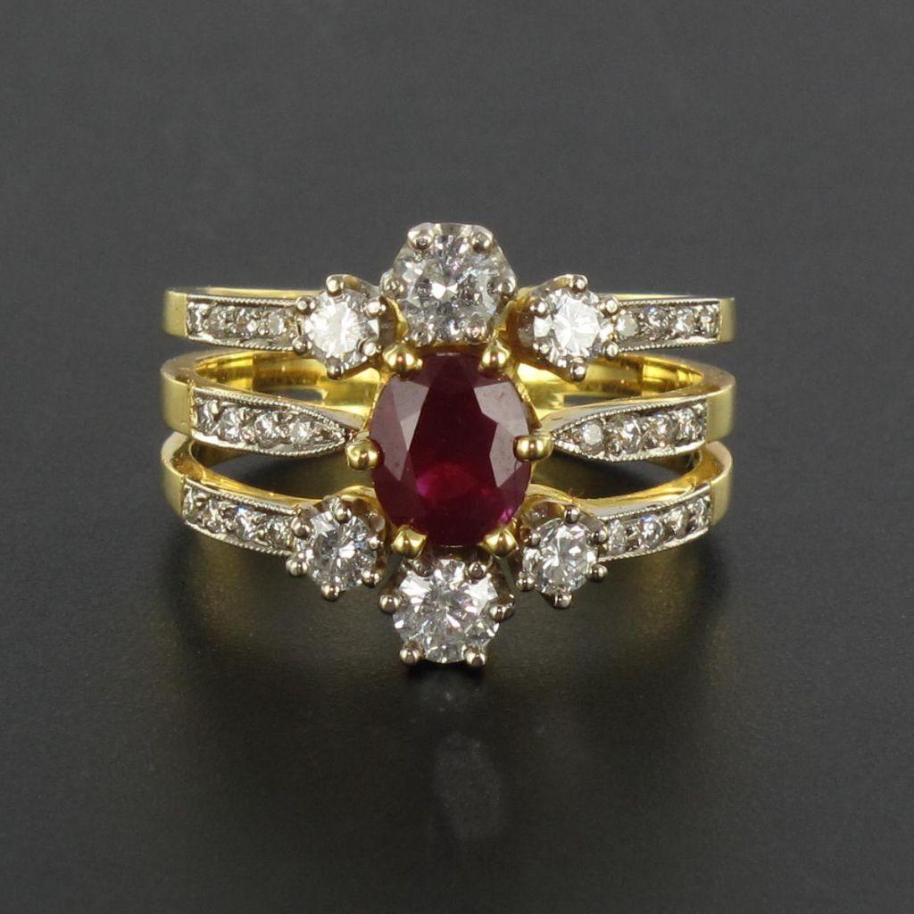 Women's French Ruby Diamond Gold Three Band Ring