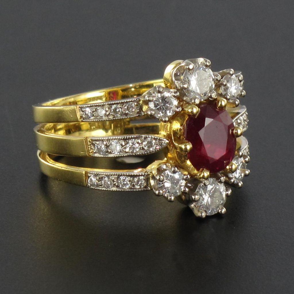 French Ruby Diamond Gold Three Band Ring 2