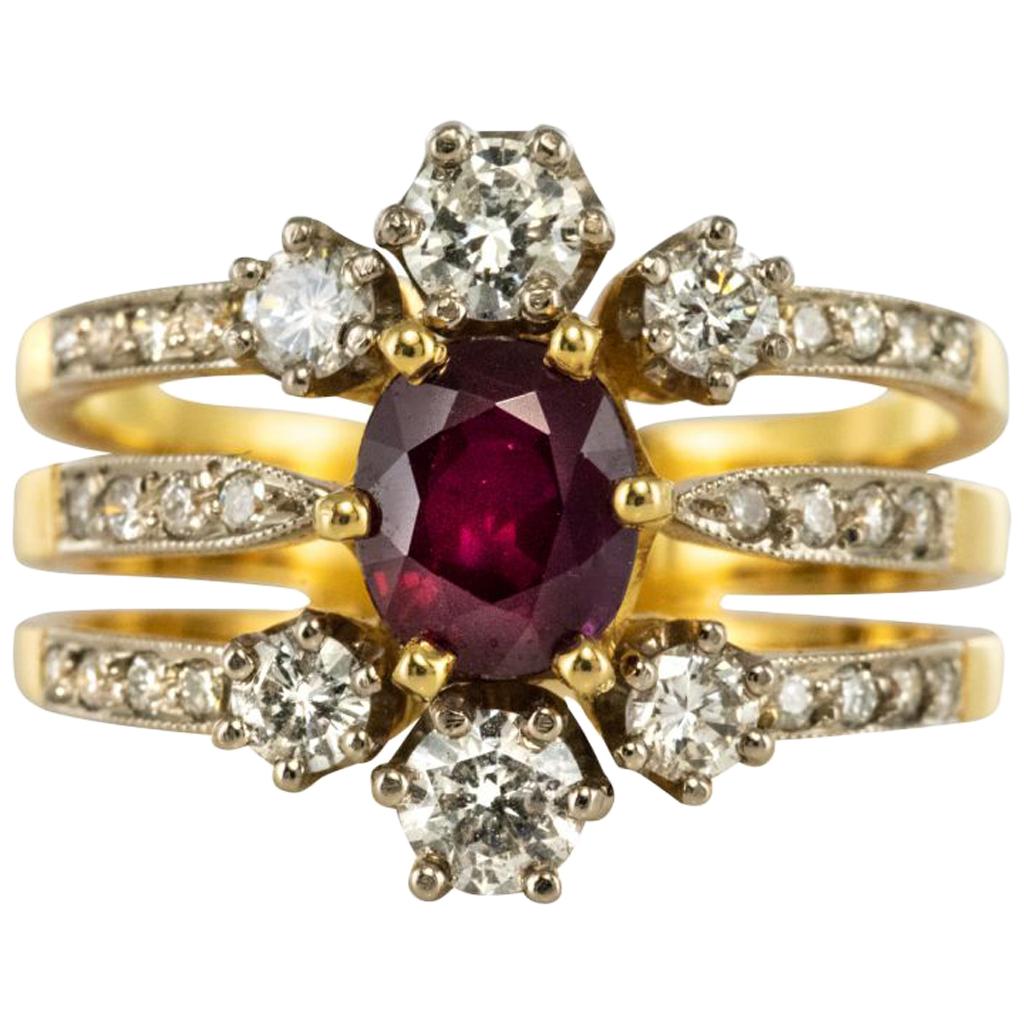 French Ruby Diamond Gold Three Band Ring