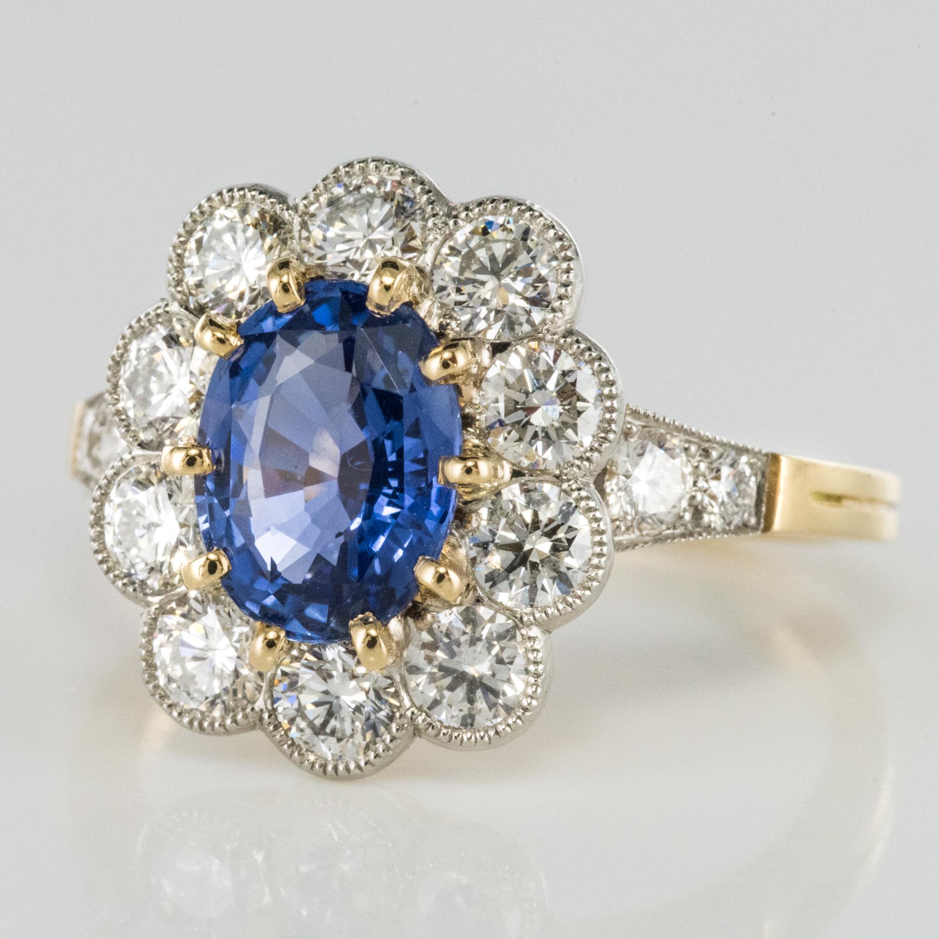 Victorian French Sapphire Diamond 18 Karat Yellow Gold Platinum Cluster Ring