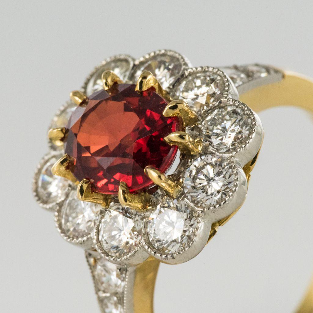 French Spessartite Garnet Diamond Gold Platinum Ring In New Condition In Poitiers, FR