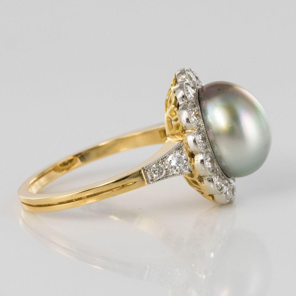New French Natural Tahitian Pearl Diamond 18 Karat Yellow Gold Platinum Ring For Sale 2