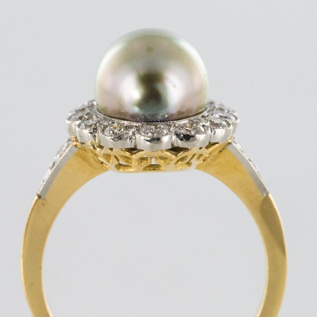 New French Natural Tahitian Pearl Diamond 18 Karat Yellow Gold Platinum Ring For Sale 4