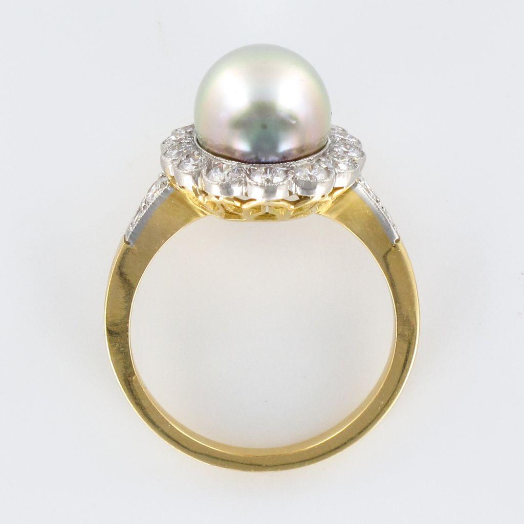 New French Natural Tahitian Pearl Diamond 18 Karat Yellow Gold Platinum Ring For Sale 8