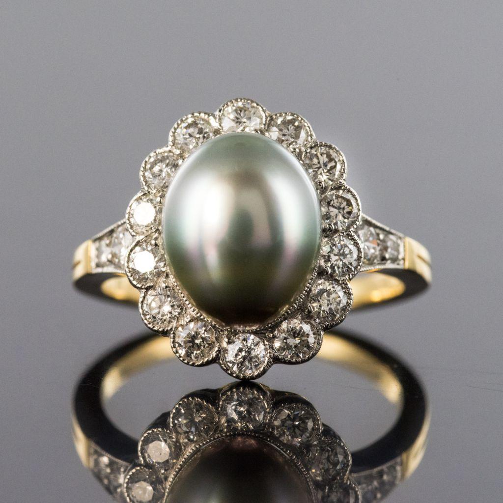 New French Natural Tahitian Pearl Diamond 18 Karat Yellow Gold Platinum Ring In New Condition For Sale In Poitiers, FR