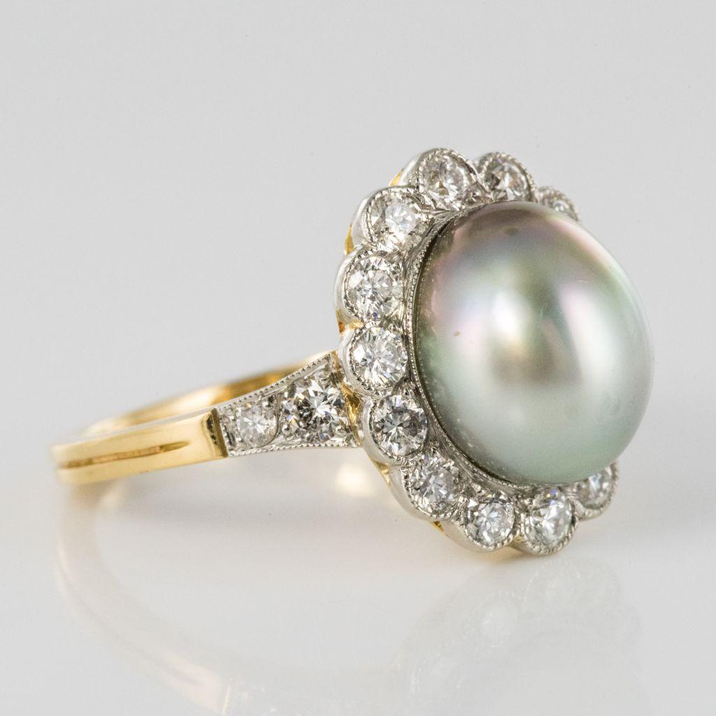 New French Natural Tahitian Pearl Diamond 18 Karat Yellow Gold Platinum Ring For Sale 1