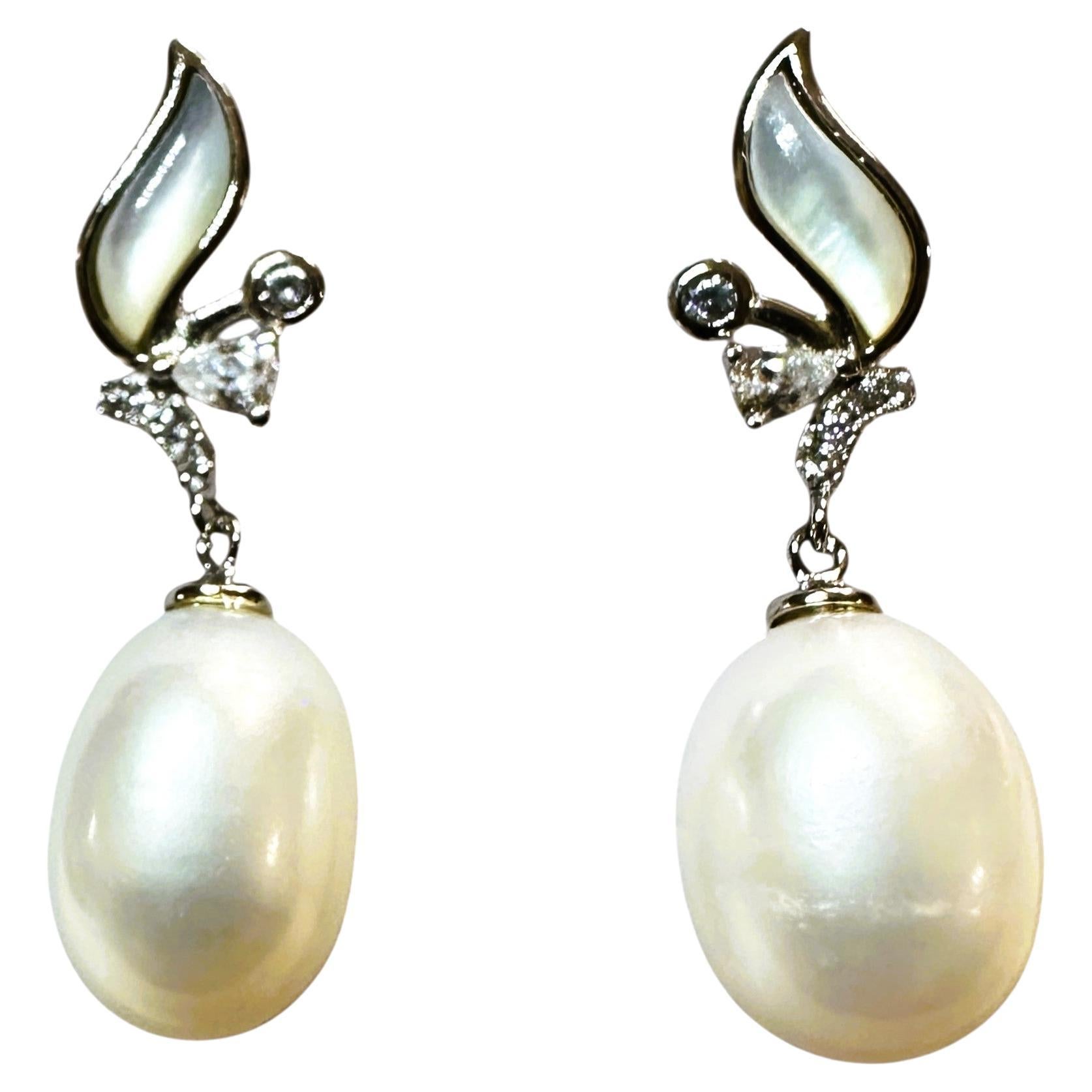 New Freshwater Pearl Mother of Pearl & Diamond Cut Sapphire Sterling Earrings