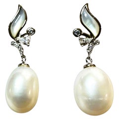 New Freshwater Pearl Mother of Pearl & Diamond Cut Sapphire Sterling Earrings