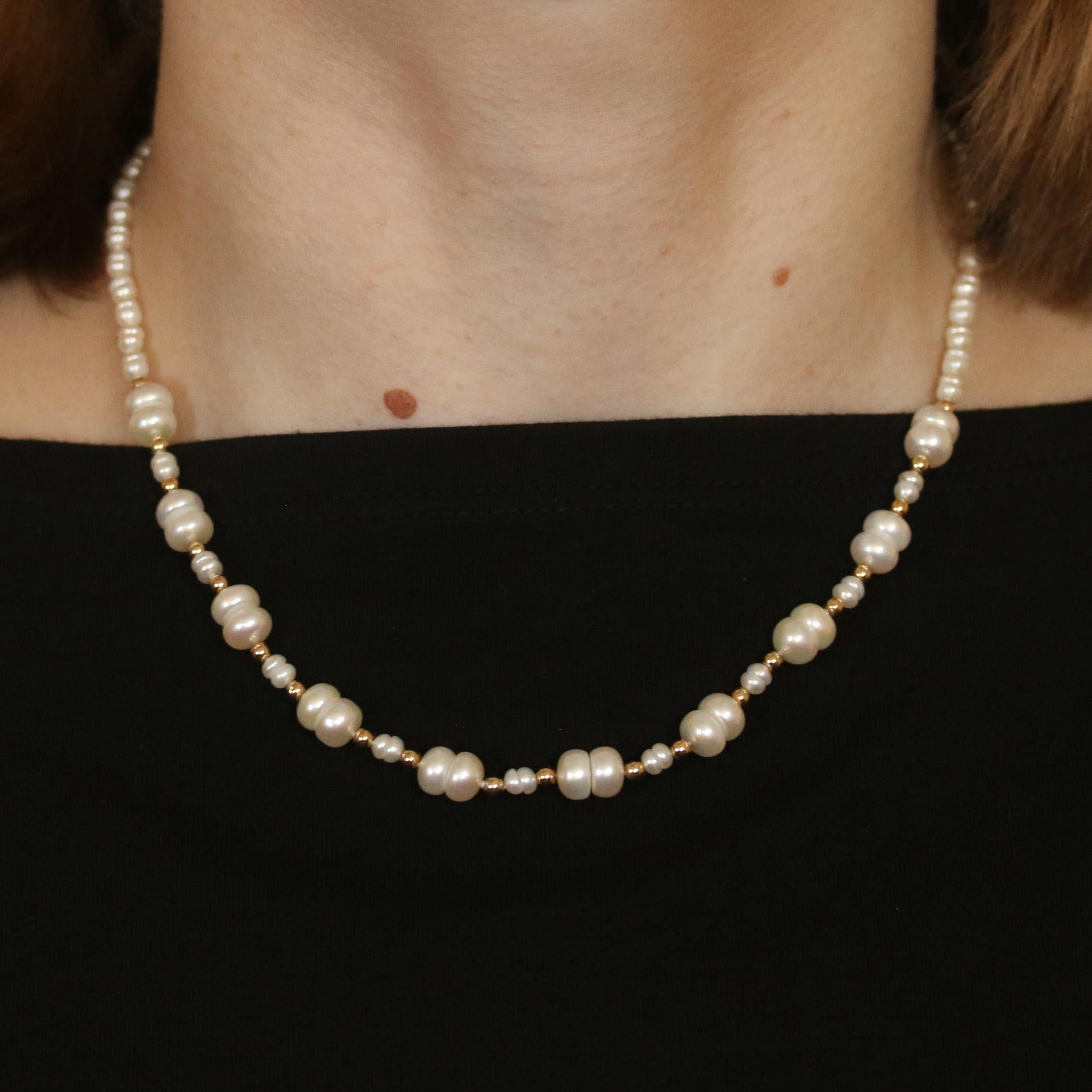 Bead Freshwater Pearl Necklace, 18k Yellow Gold Knotted Strand For Sale