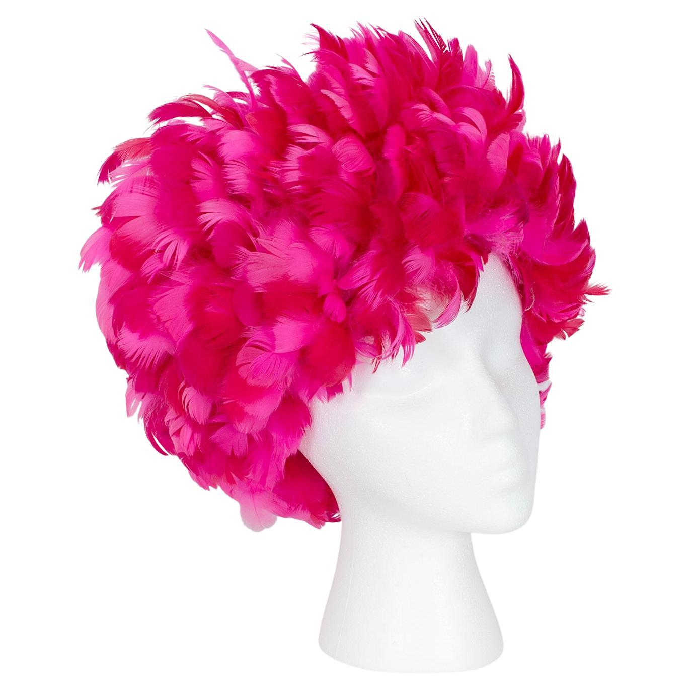 New Fuchsia Ostrich Feather Afro Bubble Turban Hat, Haiti – One Size, 1960s For Sale