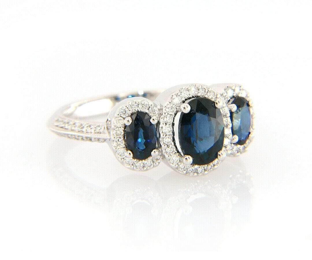 Oval Cut New Gabriel & Co. 1.85ctw Oval Sapphires & 0.35ctw Diamond Frame 3 Stone Ring For Sale