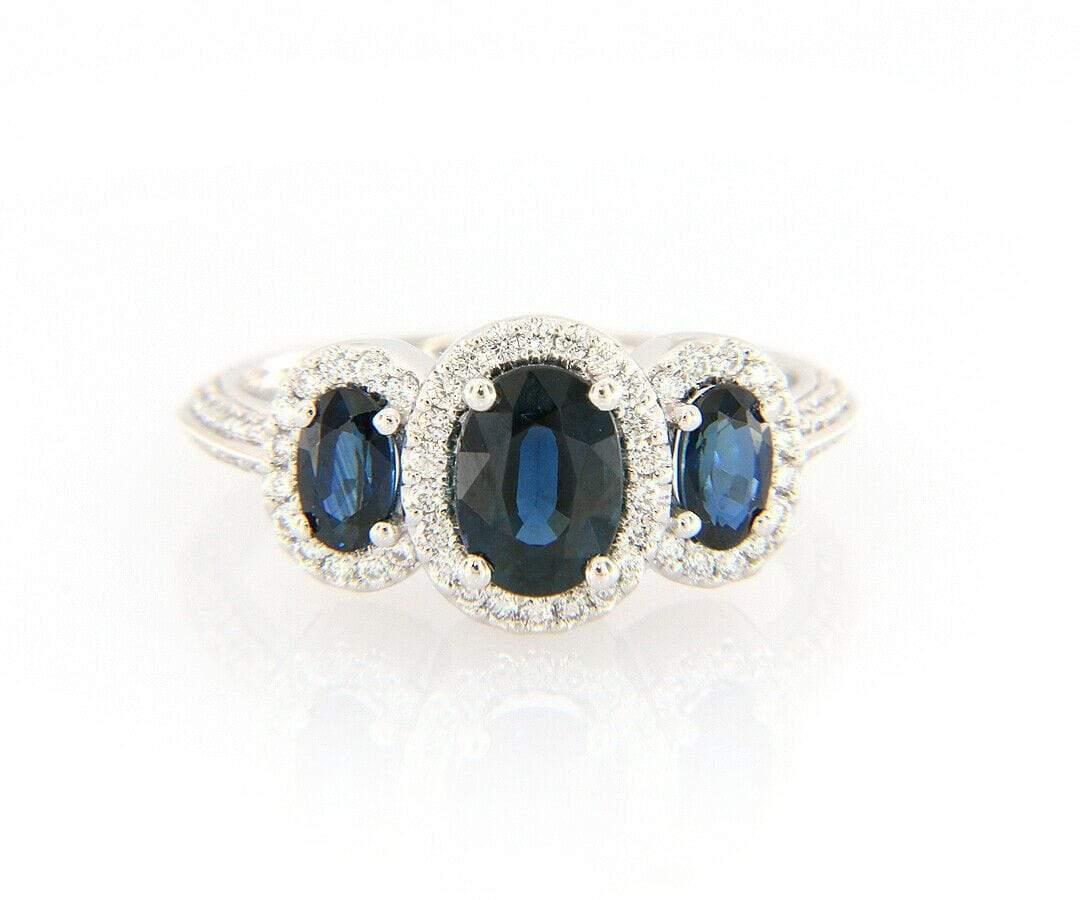 New Gabriel & Co. 1.85ctw Oval Sapphires & 0.35ctw Diamond Frame 3 Stone Ring In New Condition For Sale In Vienna, VA